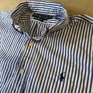 Men Blue And White Stripped Ralph Lauren Classic Fit Long sleeve Button Down XL